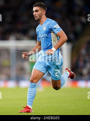 Datei-Foto vom 15-09-2021 von Ferran Torres aus Manchester City während des UEFA Champions League, Gruppe A-Spiels im Etihad Stadium, Manchester. Barcelona hat bestätigt, dass sie Ferran Torres registrieren konnten, nachdem sie einen neuen Vertrag mit dem Verteidiger Samuel Umtiti vereinbart hatten, der die finanzielle Fairplay-Quote des Clubs erhöht. Ausgabedatum: Montag, 10. Januar 2022. Stockfoto