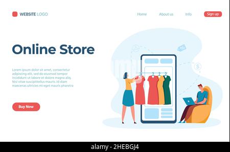 Mobile Online-Shop, wählen Sie Kleidung auf dem Smartphone. Vector Shop auf Smartphone, Online-Shop für Kauf und Verkauf Illustration Stock Vektor