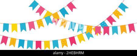 Bunte Fahnen oder festliche Girlanden für die Geburtstagsfeier. Hängende Ammern und Girlande, Karneval Dekoration Vektor Hintergrund. Überraschungsfeierlichkeiten für Kinder Stock Vektor