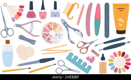 Maniküre und Pediküre Werkzeuge oder Zubehör, Nagelstudio liefert. Handcreme, Polierproben, Feilen, Scheren, Nägel Pflegeelemente Vektor-Set. Ausrüstung für Hand- und Fußpflege und -Behandlung Stock Vektor