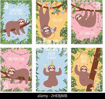 Cartoon Faultier Karte, glücklich Faultiere schlafen oder hängen von Baum. Niedliche Poster mit müde faulen Tierfiguren und lustigen Phrasen Vektor-Set. Gratulation Geburtstag Text Grußkarten Stock Vektor