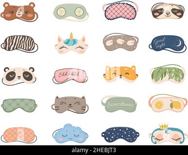 Niedliche Schlafmasken mit Tieren und Mustern, Nachtaugenmaske. Cartoon Schlaf Zubehör zum Träumen, Nachtwäsche Pyjama Elemente Vektor-Set. Entspannung und Ruhe vor dem Schlafengehen, bequeme Augenbinde Stock Vektor