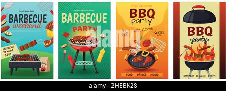 Barbecue Poster, bbq Grill Party Flyer Vorlage. Picknick im Freien, Einladung zum Sommercookout-Event mit Essen auf Grills-Vektorset. Ausrüstung mit gebratenem Fleisch und Gemüse für das Festival Stock Vektor