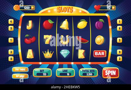 Casino slot machine Spiel ui Design, Glücksspiel mobile App Konzept. Cartoon Slots Symbole und Tasten, Online-Casinos Spiele gui Vektor Vorlage. Versuchen Sie Glück, gewinnen Preis in der Anwendung Stock Vektor