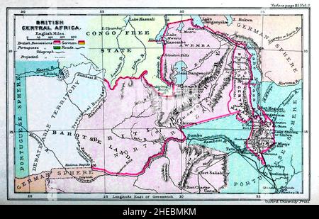 Britisches Zentralafrika aus dem 1897 gedruckten Buch HISTORISCHE GEOGRAPHIE DER BRITISCHEN KOLONIEN Stockfoto