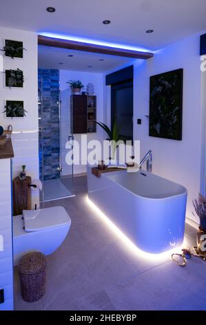 Modernes Badezimmer mit freistehender Badewanne, modernen Armaturen und LED-Umgebungsbeleuchtung Stockfoto