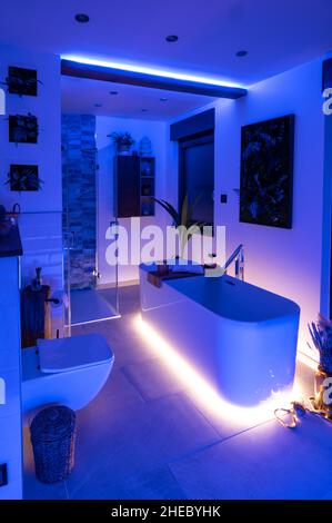 Modernes Badezimmer mit freistehender Badewanne, modernen Armaturen und LED-Umgebungsbeleuchtung Stockfoto