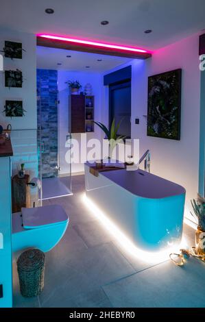 Modernes Badezimmer mit freistehender Badewanne, modernen Armaturen und farbenfroher LED-Beleuchtung Stockfoto