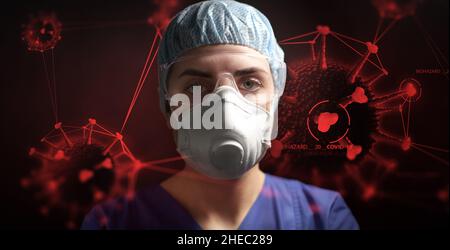 Arzt in Brillen und Atemschutzmaske über Coronavirus Stockfoto