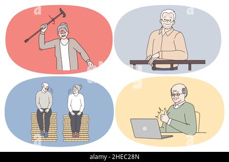 Emotionen älterer Menschen Rentner Konzept. Gruppe von erwachsenen Menschen Großeltern fühlen wütend winken mit Club lächeln mit Missverständnissen in paar und lernen Laptop Vektor Illustration Stock Vektor