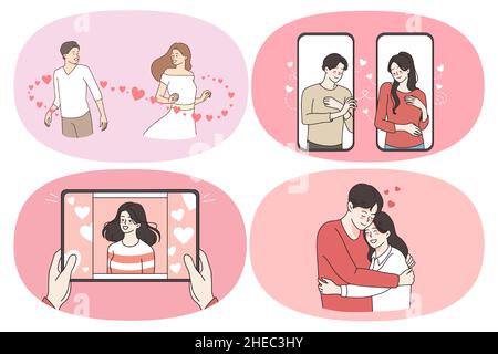 Liebe Romantik und Dating-Konzept. Set von jungen glücklichen Paaren Gefühl in der Liebe Dating online Umarmung während der Sitzung und Chat im Internet Vektor Illustration Stock Vektor