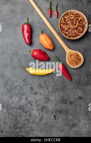 Auswahl an frischen und getrockneten Chilischoten auf rustikalem Hintergrund Stockfoto