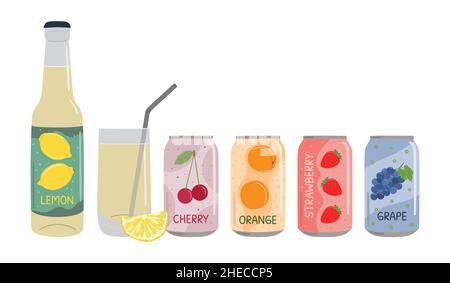 Set aus alkoholfreien Getränken in Aluminiumdosen und Glasflasche mit Limonade und Limonade. Kohlensäurehaltiges, alkoholfreies Wasser mit Frucht- und Beerenaromen. Von Hand gezogenes V Stock Vektor