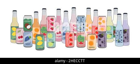 Set aus alkoholfreien Getränken in Aluminiumdosen und Glasflaschen mit Limonade und Limonade. Kohlensäurehaltiges, alkoholfreies Wasser mit Frucht- und Beerenaromen. Von Hand gezeichnet Stock Vektor