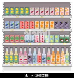 Set von alkoholfreien Getränken in Aluminiumdosen und Glasflaschen mit Limonade und Limonade in den Regalen im Supermarkt. Kohlensäurehaltiges, alkoholfreies Wasser mit Obst und Stock Vektor