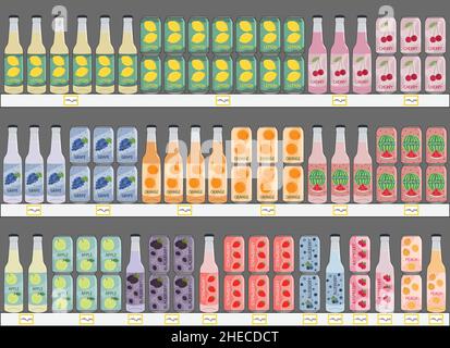 Set von alkoholfreien Getränken in Aluminiumdosen und Glasflaschen mit Limonade und Limonade in den Regalen im Supermarkt. Kohlensäurehaltiges, alkoholfreies Wasser mit Obst und Stock Vektor
