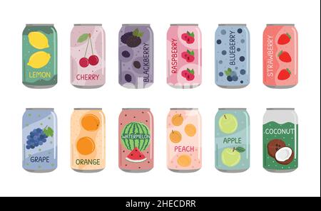 Set aus alkoholfreien Getränken in Aluminiumdosen mit Limonade und Limonade. Kohlensäurehaltiges, alkoholfreies Wasser mit Frucht- und Beerengeschmack. Handgezeichnete Vektorgrafik Stock Vektor