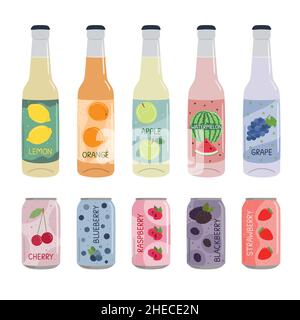 Set aus alkoholfreien Getränken in Aluminiumdosen und Glasflaschen mit Limonade und Limonade. Kohlensäurehaltiges, alkoholfreies Wasser mit Frucht- und Beerenaromen. Von Hand gezeichnet Stock Vektor