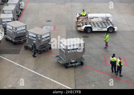 Bodenpersonal oder Gepäckabfertiger mit Bodenunterstützungsausrüstung des Flughafens warten darauf, Frachtcontainer auf ein Flugzeug/Flugzeug/Flugzeug am Flughafen Genf, Schweiz, zu laden. (128) Stockfoto