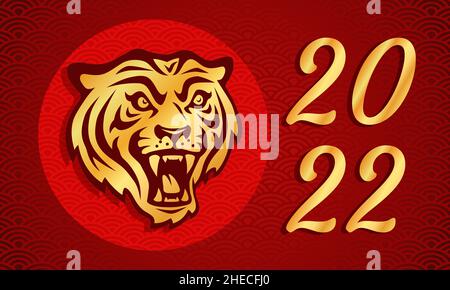 Chinesisches Neujahr 2022 Jahr des Tigers auf rotem Hintergrund. Vektor-Poster mit Tiger-Kopf für chinesisches Neujahr. Symbol von 2022. Stock Vektor