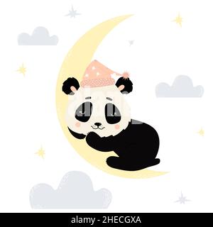 Süßer kleiner Panda im Schlummertrunk schläft auf dem Mond auf weißem Hintergrund mit Wolken. Vektorgrafik. Niedliches Tier im skandinavischen Stil für Krankenschwester Stock Vektor