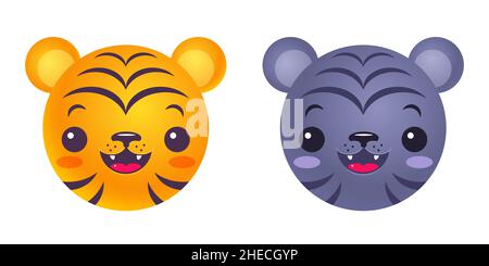 Vektor-Emblem für das neue Jahr 2022 mit Kopf eines Tigers. Vektor-Ikonen des Kawaii-Tigers für 2022 Stock Vektor