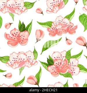 Nahtloses Aquarell-Blumenmuster - rosa Blüten, grüne Blätter. Perfekt für Verpackungen, Tapeten, Postkarten, Grußkarten, Hochzeitseinladungen Stockfoto