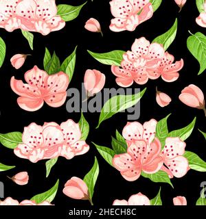 Nahtloses Aquarell-Blumenmuster - rosa Blüten, grüne Blätter. Perfekt für Verpackungen, Tapeten, Postkarten, Grußkarten, Hochzeitseinladungen Stockfoto