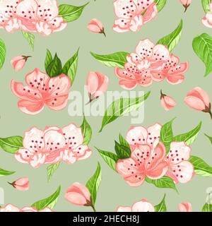 Nahtloses Aquarell-Blumenmuster - rosa Blüten, grüne Blätter. Perfekt für Verpackungen, Tapeten, Postkarten, Grußkarten, Hochzeitseinladungen Stockfoto