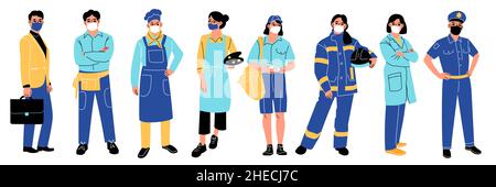 Berufen von Menschen. Verschiedene Berufsfiguren, verschiedene Mitarbeiter in Uniform, Arbeiter in medizinischen Masken. Stehender Künstler, Koch und Postbote Stock Vektor