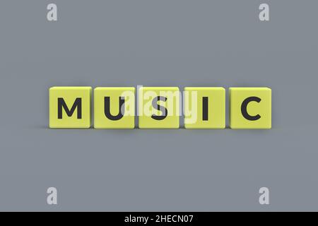 Würfel mit Wortmusik auf grauem Hintergrund. Nahaufnahme. 3D Rendern Stockfoto