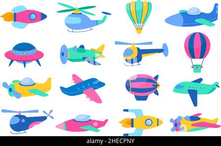 Kinderlufttransport. Kindliche helle Flugzeuge, Luftballons mit Körben, niedliche Farbhubschrauber am Himmel, Cartoon-Babyflieger, fliegende Spielzeuge, Kinderzimmer-Dekor Stock Vektor