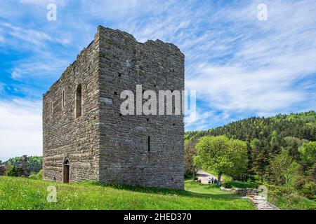 Frankreich, Lozere, Luc, Ruinen der Burg Luc auf dem Stevenson Trail oder GR 70 Stockfoto