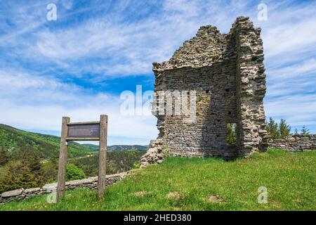 Frankreich, Lozere, Luc, Ruinen der Burg Luc auf dem Stevenson Trail oder GR 70 Stockfoto