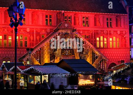 Frankreich, Haut Rhin, Mulhouse, Place de la Reunion, Rathaus und historisches Museum, Weihnachtsmarkt Stockfoto