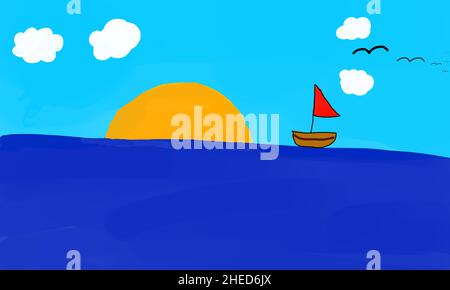 Schiff auf See bei Sonnenuntergang, Kinderzeichnung. Hochwertige Fotos Stockfoto