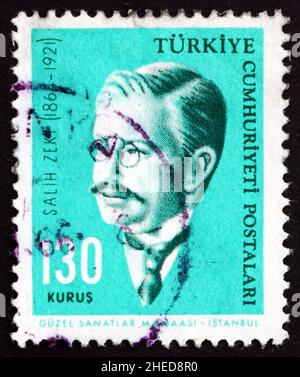 TÜRKEI - UM 1964: Eine in der Türkei gedruckte Briefmarke zeigt Salih Zeki, osmanischen Mathematiker, um 1964 Stockfoto