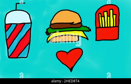 Fastfood-Küche auf türkisfarbenem Hintergrund, Kinderzeichnung. Hochwertige Fotos Stockfoto