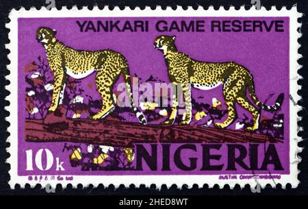 NIGERIA - ca. 1973: einen Stempel in Nigeria gedruckt zeigt afrikanische Leoparden, Panthera Pardus Pardus, Tier, yankari Game Reserve, ca. 1973 Stockfoto