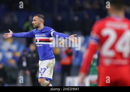 Napoli, Italien. 09th Januar 2022. Fabio Quagliarella von UC Sampdoria reagiert während des Fußballspiels der Serie A zwischen SSC Napoli und UC Sampdoria im Stadion Diego Armando Maradona in Napoli (Italien), 09th. Januar 2022. Foto CesarePurini/Insidefoto Kredit: Insidefoto srl/Alamy Live News Stockfoto