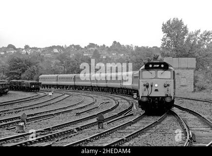 Eine Diesellokomotive der Baureihe 50 mit der Nummer 50029 „Renown“, die im Dienst „Southeast West of England“ arbeitet, nähert sich 5th 1991. Oktober ‘Salisbury. Stockfoto