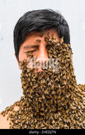 Das Gesicht des Menschen ist von Bienen bedeckt Stockfoto