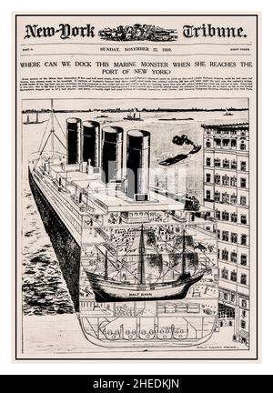 TITANIC 1910 Newspaper Illustration von Cutaway Querschnitt Rumpf und Größenvergleich "wo können wir dieses marine Monster andocken, wenn sie New York erreicht? New York Tribune Nov 27th 1910 Stockfoto