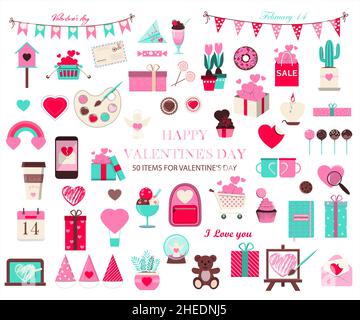 Große Reihe von Symbolen für Valentinstag. Vektordarstellung von 50 Objekten für den Urlaub am 14. Februar. Set von flachen Design-Zeichnungen für Romantik Stock Vektor