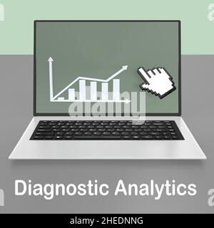 3D Abbildung einer symbolischen Hand, die auf ein Diagramm zeigt, das auf einem Laptop-Bildschirm mit dem Skript Diagnostic Analytics angezeigt wird. Stockfoto
