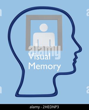 3D Illustration der Visual Memory-Schrift in einer Kopfsilhouette mit einem symbolischen Porträt, isoliert auf hellblauem Hintergrund. Stockfoto