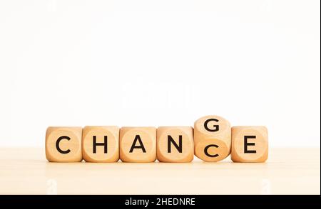 Wechsel zum Zufallkonzept. Holzwürfelblock mit Worten umklappen. Speicherplatz kopieren Stockfoto