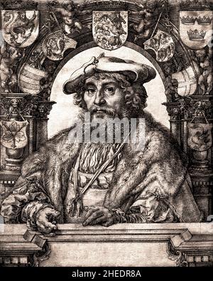 Das Kunstwerk auf Ihrem Foto ist der berühmte Renaissance-Druck Porträt von Christian II., König von Dänemark, ein Kupferstich, der 1529 vom deutschen Graphiker und Maler Jacob Binck (Jacob von Koenigsberg) geschaffen wurde. Der Druck wurde nach einer Originalporträtzeichnung von 1523 des legendären flämischen Renaissance-Hofmeisters Jan Gossaert (auch bekannt als Jan Mabuse) angefertigt Stockfoto