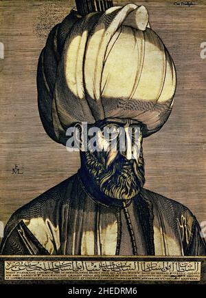 Porträt von Sultan Suleyman dem Magnificent von Melchior Lorck. Melchior Lorichs 1526-1598 (Suleiman I., allgemein bekannt als Suleiman der Magnificent im Westen und Suleiman der Gesetzgeber in seinem Reich, war von 1520 bis zu seinem Tod im Jahr 1566 der zehnte und am längsten regierende Sultan des Osmanischen Reiches.) Stockfoto