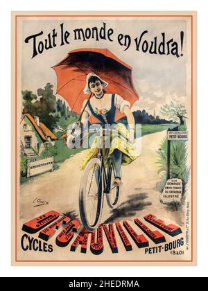 Vintage 1890s französisches Fahrrad-Poster ‘jeder will es! ‘(Tout Le Monde En Voudra! Decauville Cycles Petit-Bourg’) Lithografisches Poster gedruckt von: J. Kossuth & Cie – 24, Rue Albouy, Paris. Emile Clouet Künstler 1894 Stockfoto